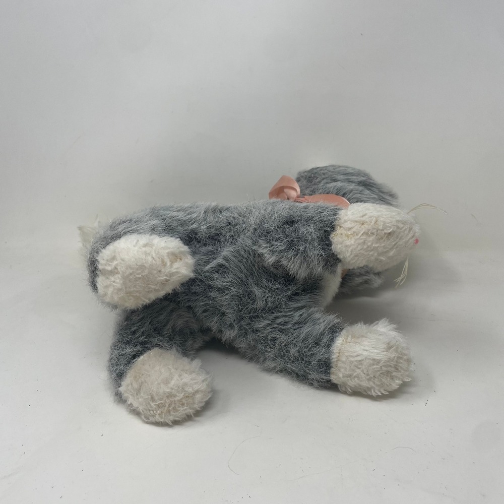 Vintage Grey White Plush Kitten Stuffed Animal Pink Ribbon Green Eyes Standing - Picture 5 of 6